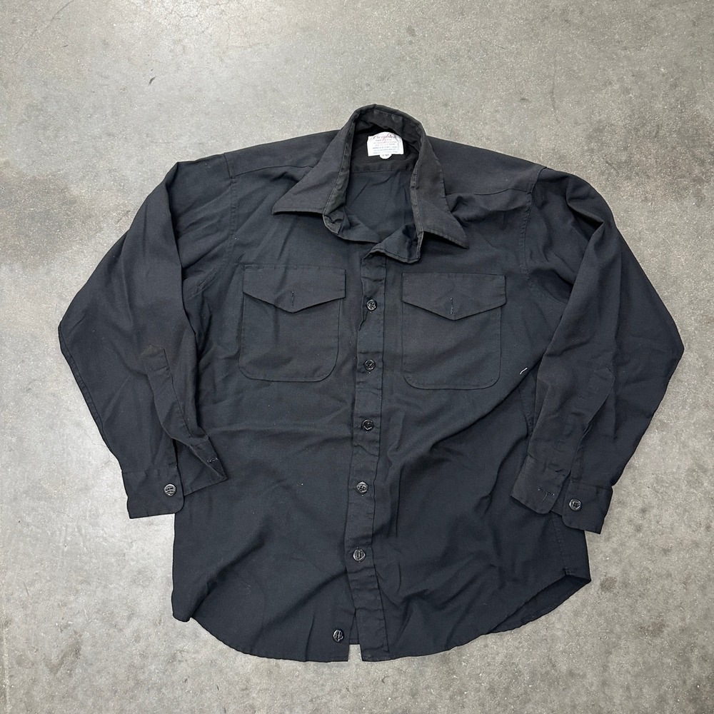 Vtg Creighton Men Black Button Down Shirt Long Sleeve Workwear Made in USA 17-33